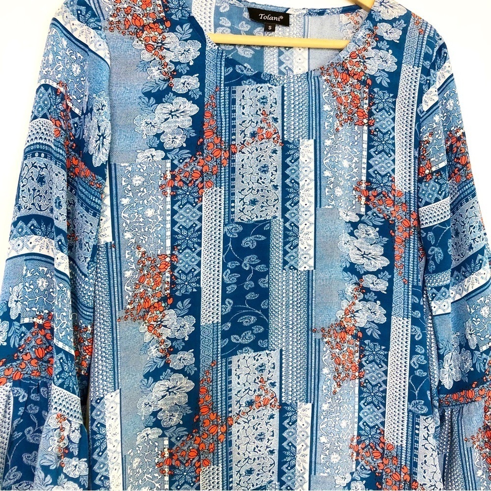 Tolani Blue floral, silk, BoHo mini dress - Picture 4 of 10